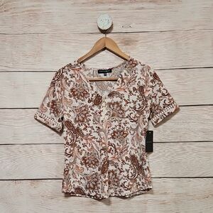 NWT Fifty Street Cream and Brown Floral Paisley Mid Zip Blouse Shirt Small